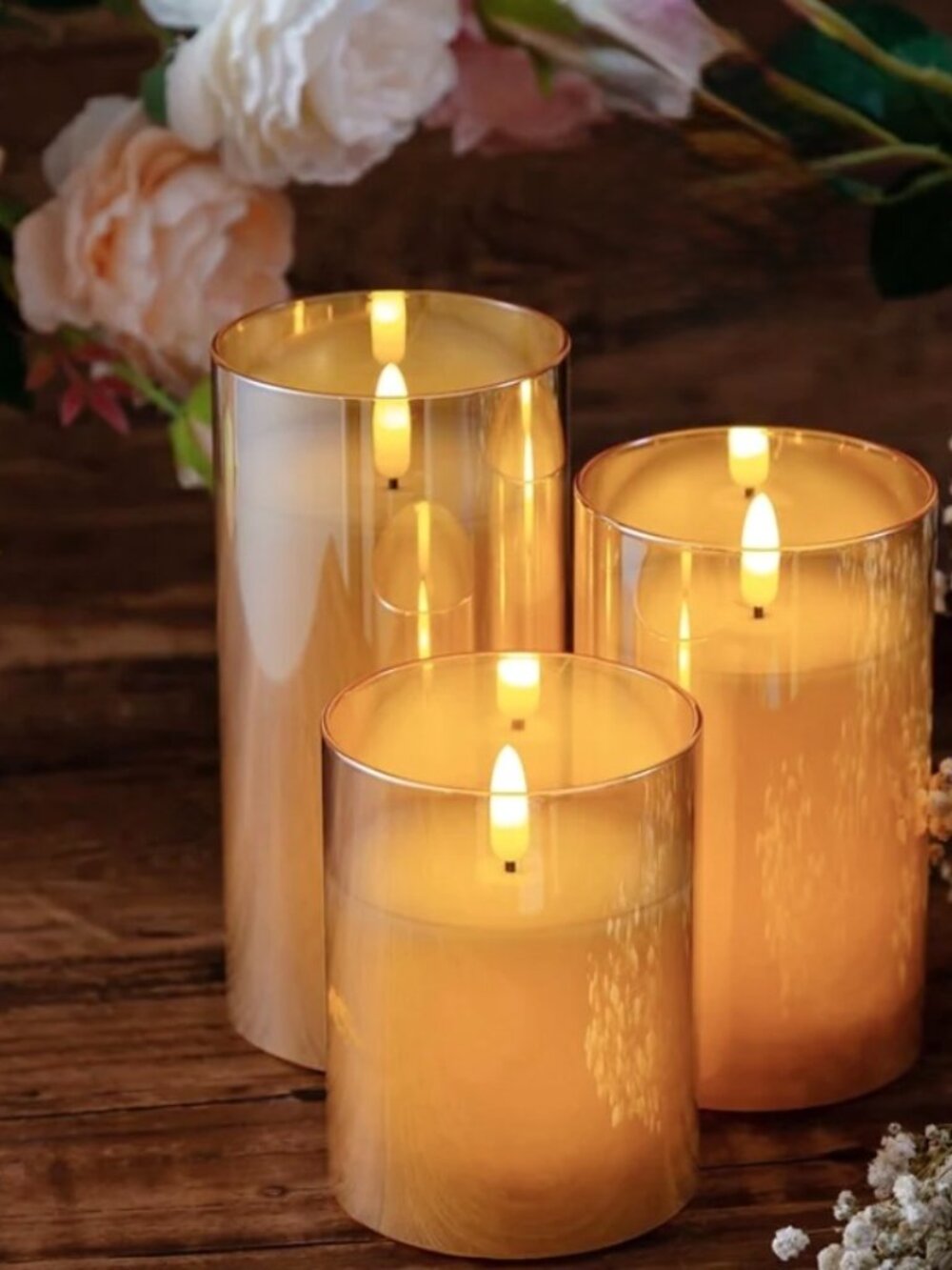 Rachel Zoe Set of 3 Gold Glass Flameless LED Candles Remote Control Timer NEW